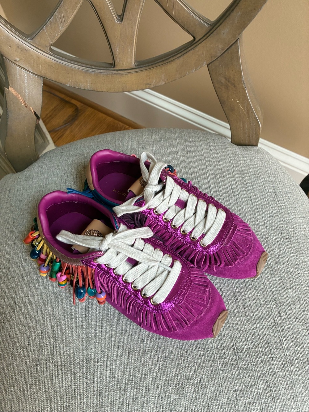 Kurt Geiger size 36 Women's Magenta Fringe Sneaker with Colorful Bead Accents - Picture 5 of 5
